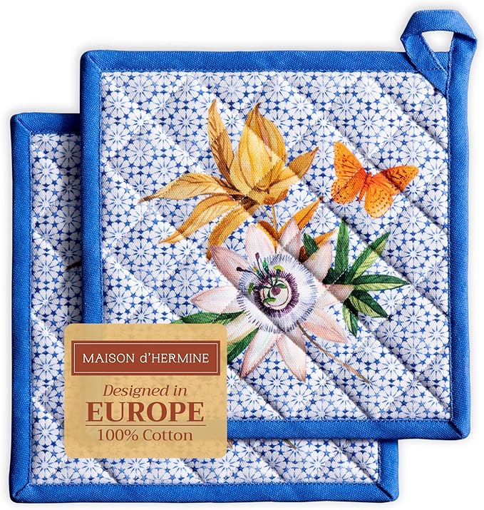Maison d' Hermine Pot Holders 100% Cotton Heat Resistant Potholders 8" x 8" Hot Pads with Loop BBQ Cooking Baking Gifts for Mothers Day Handling Hot Pans Spring/Summer (Pack of 2, Passiflora)