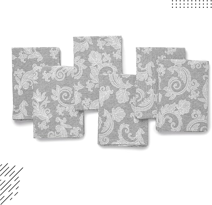 Encasa XO Grey Cloth Napkins Set of 6, 18x18 in | Floral Jacquard Homespun Cotton Dinner Napkins | Washable & Reusable Wedding Napkins for Holiday Dining, Parties, & Everyday Table Décor