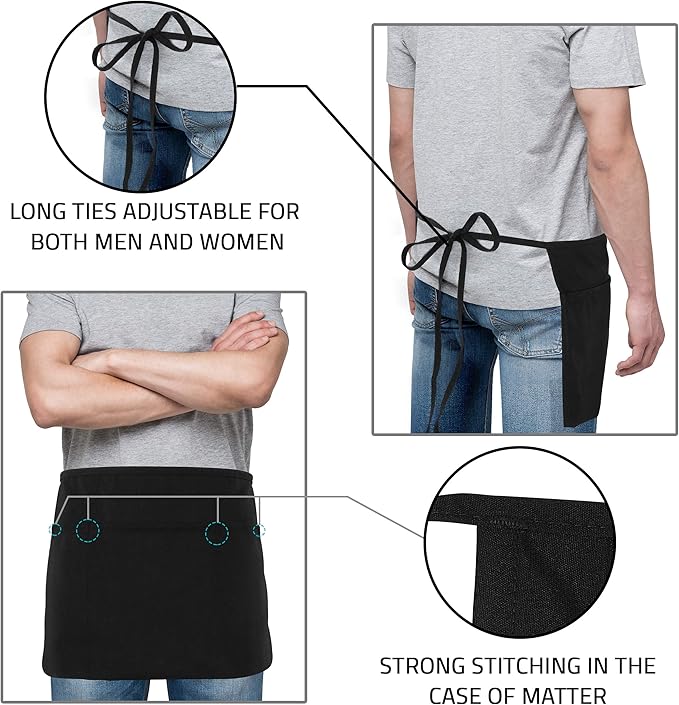 Utopia Wear 12 Pack Server Aprons with 3 Pockets, Waiter and Waitress Waist Aprons for Women with Pockets, Men Short Aprons