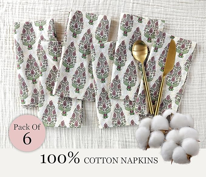 Craftbot Soft Cotton Dinner Napkins 18x18 inches - Washable Thin Cloth Napkins Set of 6 - Everyday Use or Dinner Party and Event - Beige with Green Floral Pattern LIGHTWEIGHT Indian Block Print Fabric