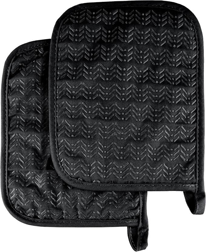 Pot Holder Set With Silicone Grip, Quilted And Heat Resistant (Set of 2) By Lavish Home (Black)