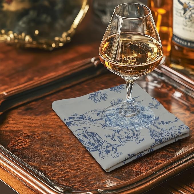 COTTON CRAFT French Country Toile Cloth Cocktail Napkins - Set of 12 - 100% Cotton Bar Napkin for Happy Hour, Beverage, Dessert, Drinks - Holiday Party Gift - 10x10 - Blue