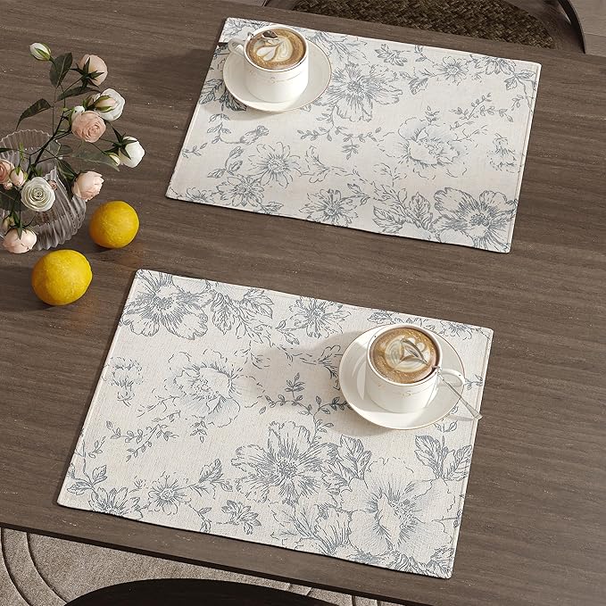 JINCHAN Floral Placemats Set of 4 Farmhouse Linen Placemats Cloth Table Mats Holiday Seasonal Rustic for Kitchen Dining Table Decor Heat Resistant Washable Tablemats 13x19 Inch Gray