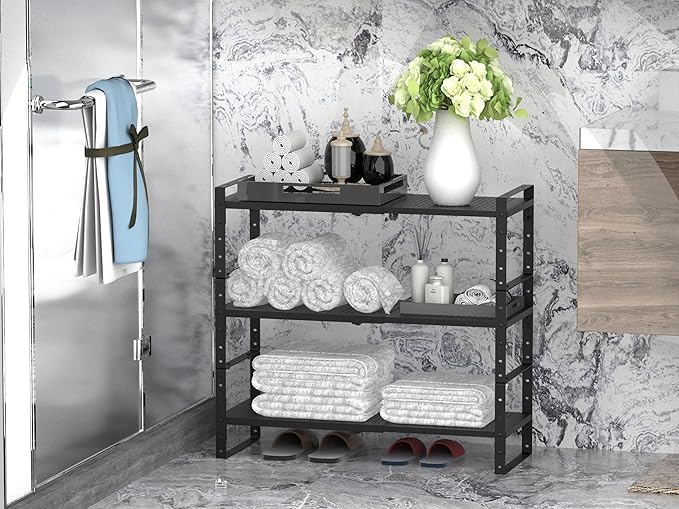Jojocross Expandable Stackable Aadjustable Shoe Rack Pantry Shelf for Kitchen Cabinets Counter Shelves Countertop Cupboard Storage Solution,Sturdy Heavy-Duty Metal Construction(1Pack/Black/Large)