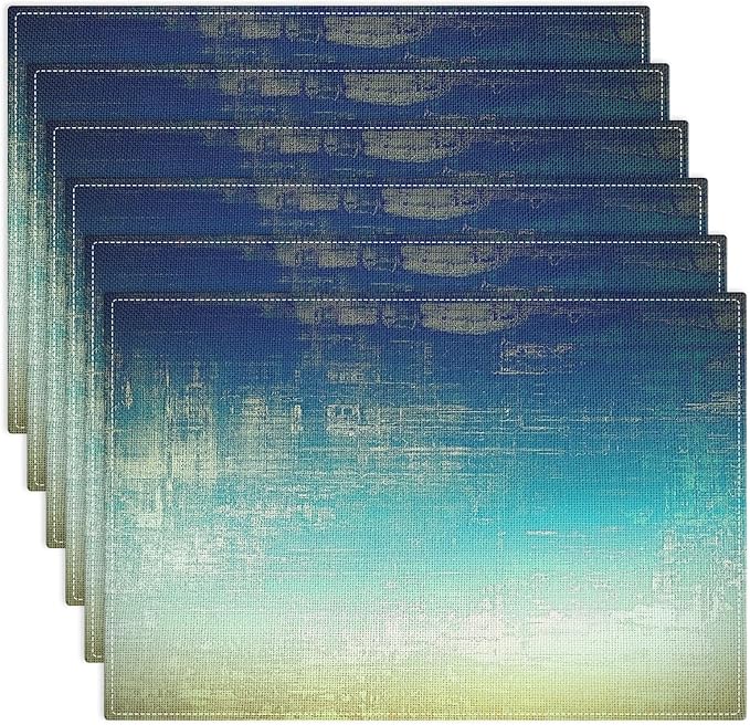Emvency Farmhouse Placemats Set of 6, Abstract Vintage Blue Teal Rustic 12x18 Inch Linen Rectangular Place Table Mats for Indoors & Outdoor Home Party Kitchen Dining Decoration