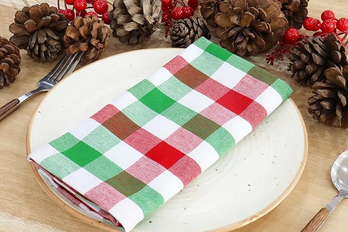 PurpleEssences Buffalo Plaid Cloth Napkins - Mitered Corners - Spring Easter Summer - Gingham Check Dinner Napkin - Set of 12-100% Cotton - 18x18 Inch - Reusable Washable - Red Green White