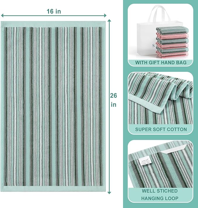 SALAS Premium Cotton Kitchen Dish Towels for Drying Dishes,Large Long Hand Towels, Thick Highly Absorbent Dish Cloth Towel Sets with Hanging Loop, 16" X 26", 6 Pcs, Pink and Green
