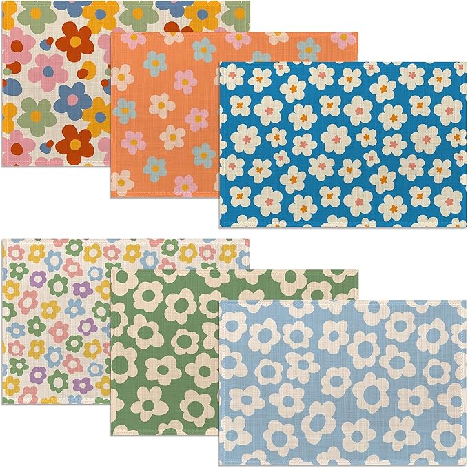 Vintage Groovy Flowers Placemats Set of 6, 12x18 Inch Waterproof Stain Resistant Linen Table Placemats Summer Seasonal Farmhouse Kitchen Party Decor Home Decor