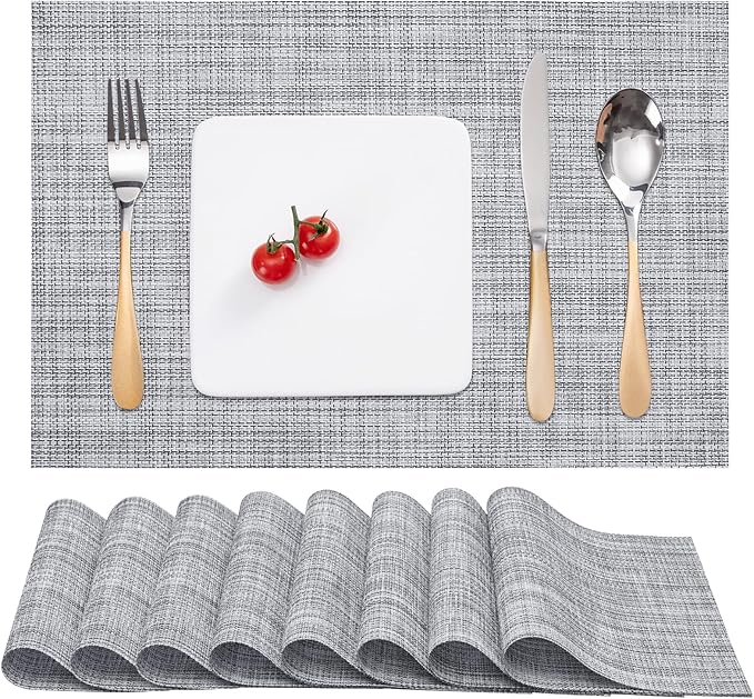 Myir JUN Placemats Set of 8, Vinyl Woven Placemats Place Mats Indoor Set of 8 Washable Table Mats Non-Slip Place mats for Dining Table (Light Gray, Set of 8)
