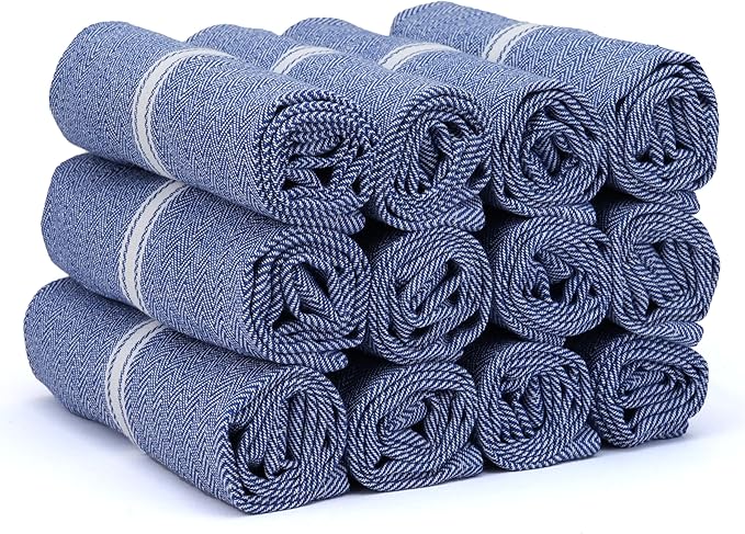 TEXAS LINEN CO. Cotton Kitchen Towels 12 Pack - 15 x 25 Inches - Highly Absorbent Dish Towels for Kitchen Drying, Soft Durable Reusable Quick Dry Tea, Kitchen and Dish Cloths Set - Blue Chambray