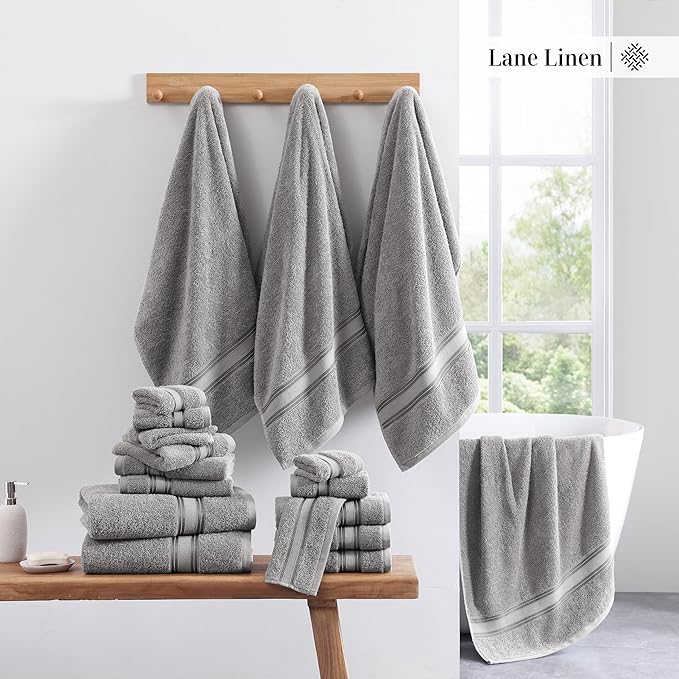 LANE LINEN Luxury Bath Towels Set - 3 Piece 100% Cotton Bathroom Towels, Quick Dry, Extra Aborbent, Super Soft Towels Set 1 Hand Towel, 1 Wash Cloths, 1 Bath Towel, Space Grey