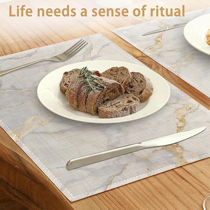 Placemats Set of 6,White Gold Marble Table Mats, Washable Linen Table Mats,Non-Slip Heat Resistant Placemats for Party Kitchen Dining Indoor Outdoor 12"x18"