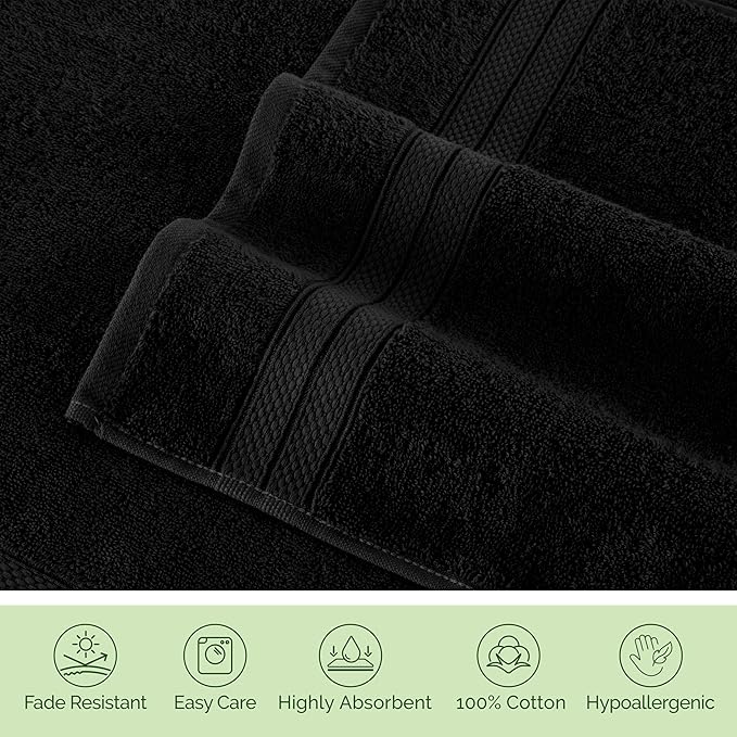 Elegant Comfort Luxury 6-Piece Towel Set, Premium Soft 100% Turkish Cotton, Three Line Popcorn Design 2 Bath Towels, 2 Hand Towels and 2 Washcloths Towel Set - Quick-Drying and Absorbent, Black