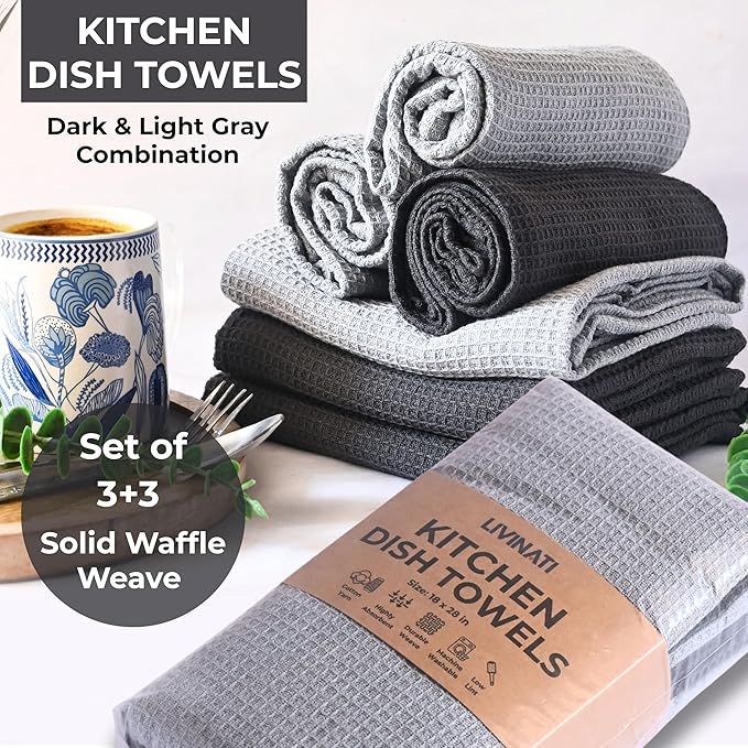 Highly Absorbent Cotton Dish Towels for Drying - Set of 3+3 - Light Gray + Dark Gray Kitchen Towels - 18"X28" Lint Free Waffle Weave Cloth Linen Hand Bathroom Bulk Dishtowels
