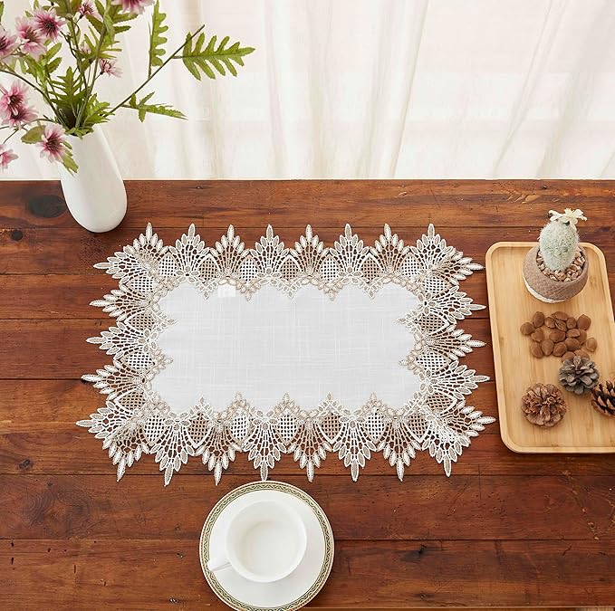 White Linen Placemats 14”x20” Set of 2, Neutral Earth Tones Beige Lace Coffee Table Topper Dresser Scarf Place Mats (Set of 2, White)