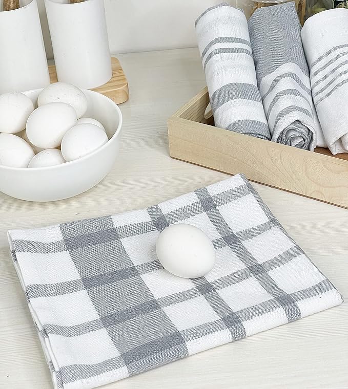 Chardin home Recycled Cotton Assorted Woven Kitchen Towels Set, Grey-White | 18x28 Inch Kitchen/Dish Cloths Set of 4 |Super Absorbent Reusable Hand and countertop Towels, Ultra Soft Tea Towels