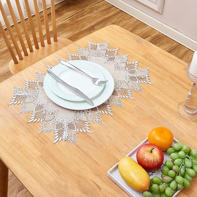 Natural Linen Placemats 14”x20” Set of 4, Neutral Earth Tones Beige Lace Coffee Doily Table Topper Dresser Scarf Place Mats (Set of 4, Natural)