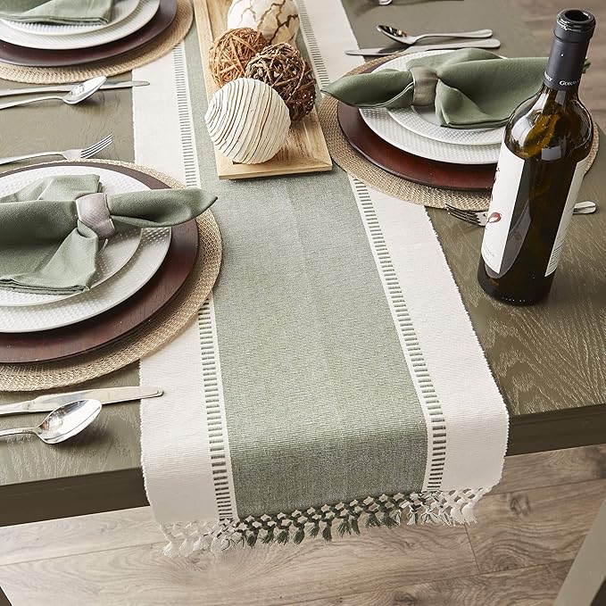 DII Dobby Stripe Woven Table Runner, 13x108 (13x113.5, Fringe Included), Artichoke