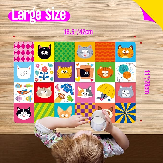 6 Pack Placemats for Kids, Non-Slip Washable Dining Mats, Reusable Cat-Themed Table Mats for Home, Kindergarten, Classroom, Nursery