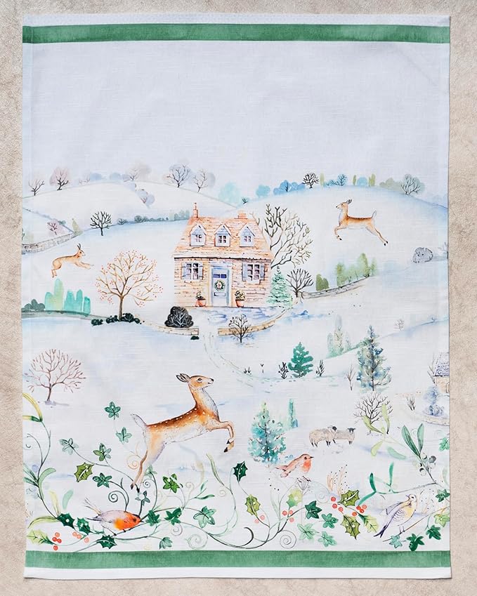 Maison d'Hermine Kitchen Towels Set of 3 100% Cotton 27.50" x 20" Reusable Cloth Tea Dish Towels Absorbent with Hanging Loop for Kitchen, Home, Dining, Cocktail Parties (Snowy World)