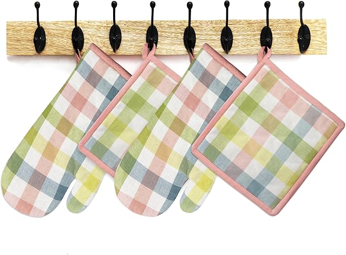 COTTON CRAFT Oven Mitt and Pot Holder Set - Gingham Buffalo Check 2 Oven Mitts 2 Pot Holders Set - Easter Spring Cotton Extra Long Mitt - Insulated Heat Resistant Quilted Kitchen Glove - Yellow Multi
