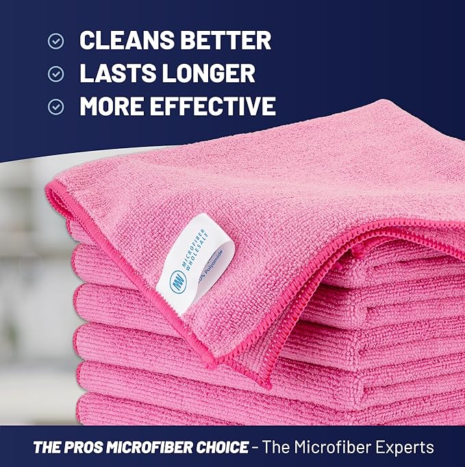 MW PRO Microfiber Cleaning Cloths Pink (12 Pack, 12x12) - Commercial Janitorial Towels & Lint Free Rags - Heavy Duty for Auto Detailing, Glass Windows, Housekeeping & Screens - Washable 300+ Times