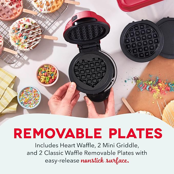 DASH Multimaker Mini System - Waffle Maker with Five 4” Removable Plates: Iron & Griddle, 3-in-1 Mini Waffle Maker for Kids and Families – Nonstick Surface, Just Add Batter (Red) (Pack of 4)