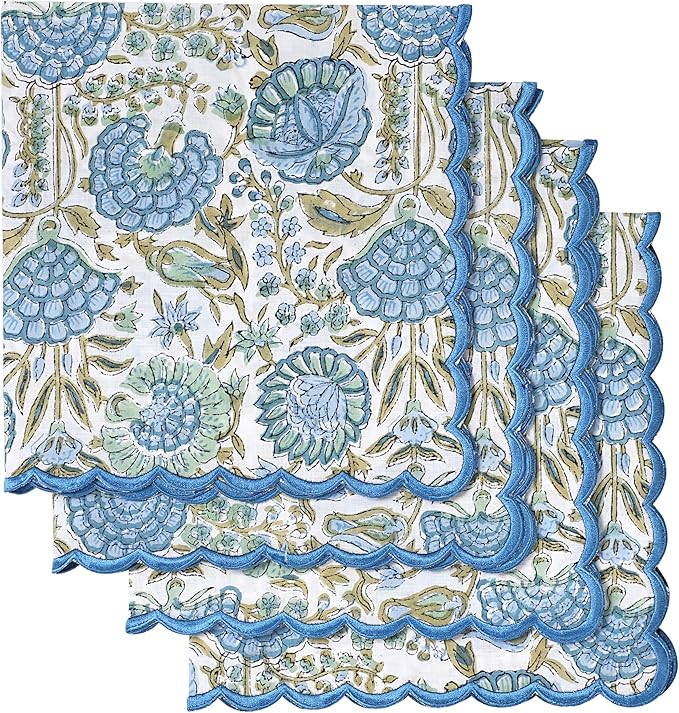 Ridhi Hand Block Print Asparagus Green 18" x 18" (Set of 4) Embroidery Table Napkins Reusable Cotton Dinner Napkins for Weddings, Parties, Everyday Dining Gift for Spring, Easter, Valentine