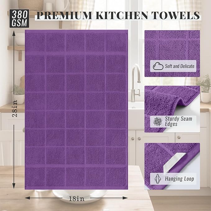 Homaxy Premium Kitchen Towels 18"x28", 6 Pack Large Cotton 380 GSM Dish Towels, Soft and Absorbent Kitchen Hand Towels with Terry Grid Design, Utility Tea Towel Set with Hanging Loop, Purple