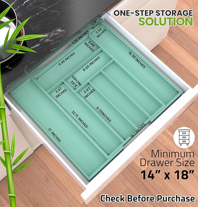 Utopia Kitchen Expandable Bamboo Utensil Drawer Organizer, Silverware Organizer for Cutlery, Utensils, Flatware Holder (6-8 Slots, Mint) Pack of 1
