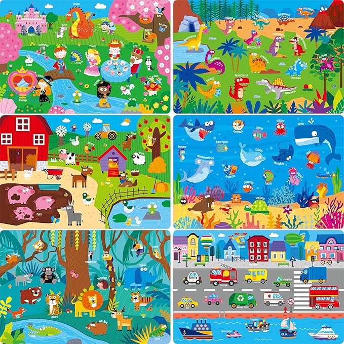 6 Pack Placemats for Kids, Non-Slip Washable Dining Mats, Reusable Jungle, Underwater World, Farm, Dinosaur, Vehicle & Magic World Table Mats for Home, Kindergarten, Classroom, Nursery