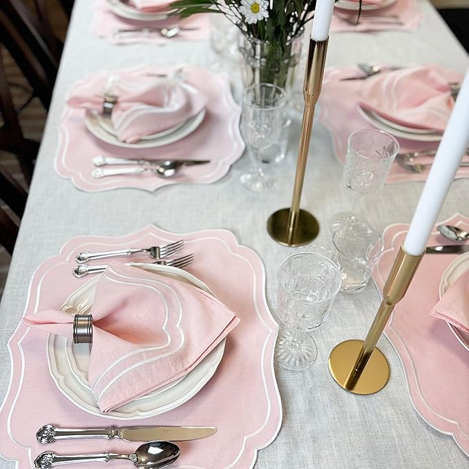Cotton Linen Placemats Set of 4 - Double Layered, Machine Washable, Scalloped & Embroidered Cloth Table Mats - Wedding, Spring, Pastel Tone Mats, 19 x 17 inch, Light Pink