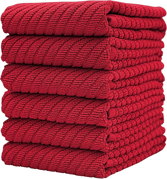 Premium Kitchen Towels (16”x 25”, 6 Pack) | Large Cotton Kitchen Hand Towels | Dish Towels | Diagonal Weave Design | 445 GSM Highly Absorbent Tea Towels Set with Hanging Loop | Red