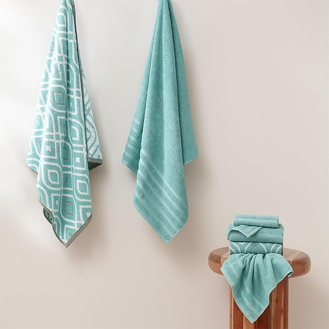Modern Threads Classic Diamond 6-Piece 100% Cotton Towel Set – Yarn Dyed Jacquard – Includes 2 Bath Towels, 2 Hand Towels, 2 Washcloths – Absorbent, Quick Dry, Soft & Durable – Aqua