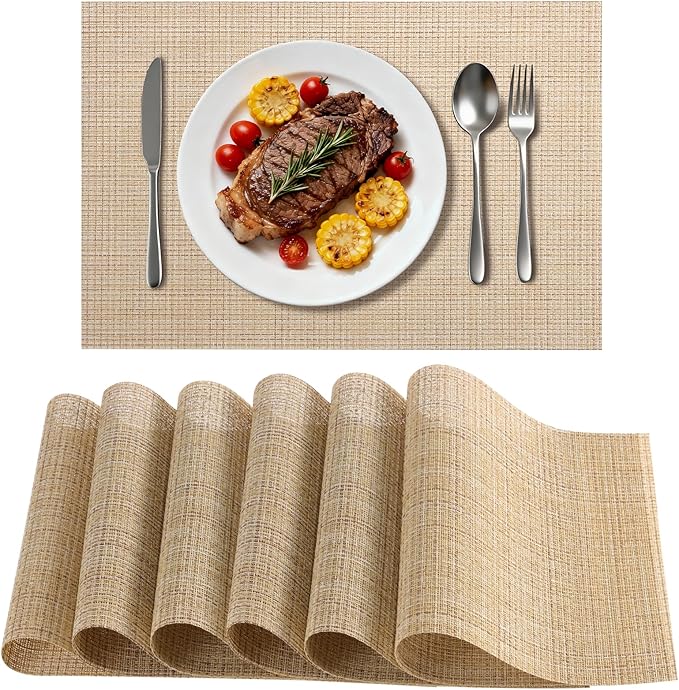 Timeet Placemats Set of 6, Heat Resistant Non-Slip Place Mats for Dining Table, Durable Washable PVC Vinyl Woven Table Mats, Linen Textured Placemats for Kitchen Resistant Easy to Clean(Beige