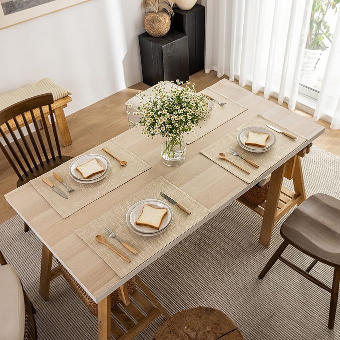 Kevin Textile Burlap Linen Placemats Set of 6 Heat Resistant Dining Table Cloth Place Mats Washable Kitchen Table Mats for Dinning Party Holiday Indoor Outdoor, 13 x19 inches, Cream Beige