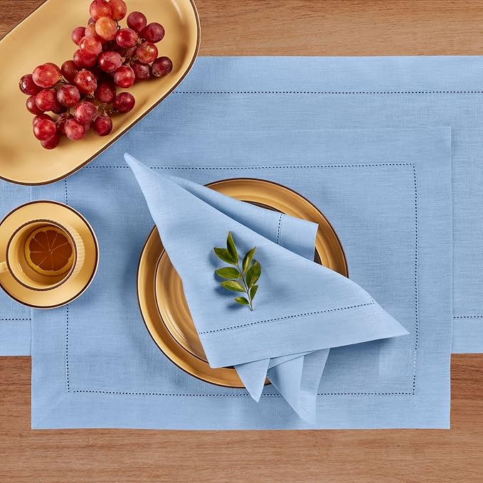 Solino Home Linen Cloth Placemats Set of 4-100% Pure Linen Hemstitch Cornflower Blue Placemats 14 x 19 Inch - Classic Hemstitch Table Place Mats for Spring, Summer, Mothers Day