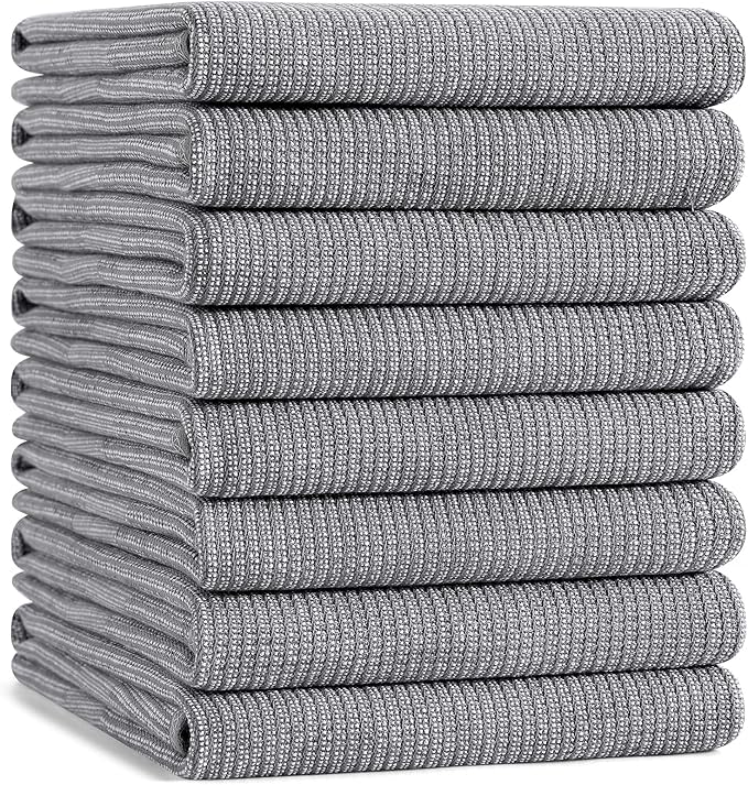 Mordimy Premium Kitchen Towels 8 Pack (18 x 28 Inches, Grey), Large Cotton Kitchen Hand Towel, Flat & Terry Dish Towels for Drying Dishes, Super Absorbent Tea Dishtowels Set with Hanging Loop