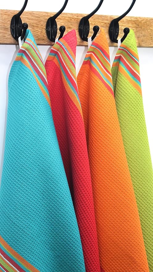 COTTON CRAFT Salsa Stripe Kitchen Towel - Set of 8 Pure Cotton Absorbent Waffle Weave Dish Towel Dish Cloth - Low Lint Reusable Drying Towels - Restaurant Bar Cleaning Kitchen Hand Towel -16x28 Multi
