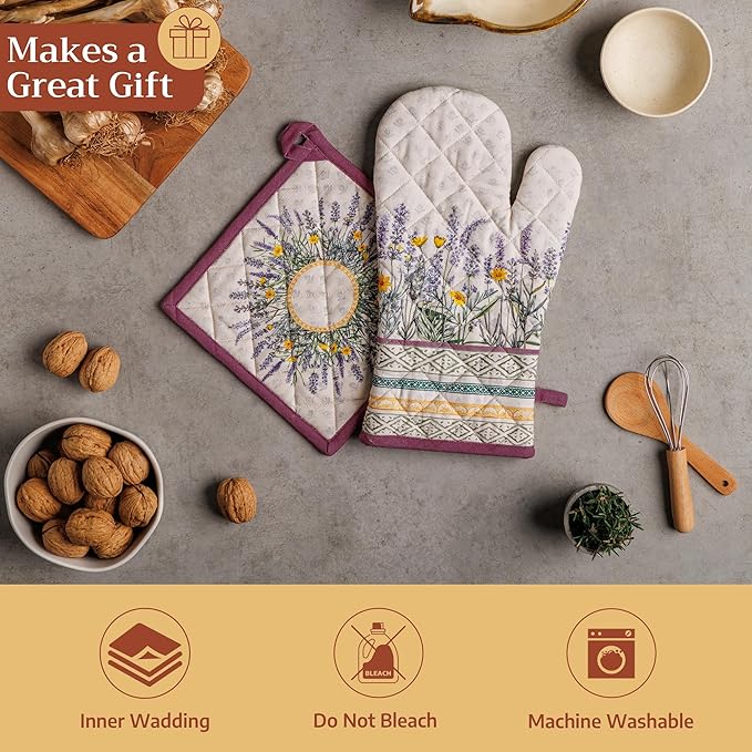 Maison d'Hermine Oven Gloves 100% Cotton Oven Mitt 7" x 13" with Loop Heat Resistant BBQ Cooking Gloves Baking Grilling Gifts for Mothers Day Spring/Summer (Pack of 1, Fanny Lavender)