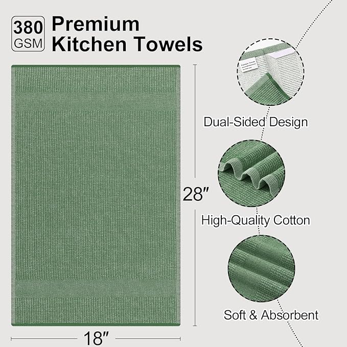 Mordimy Premium Kitchen Towels 8 Pack (18 x 28 Inches, Grass Green), Large Cotton Kitchen Hand Towel, Flat & Terry Dish Towels for Drying Dishes, Super Absorbent Tea Dishtowels Set with Hanging Loop