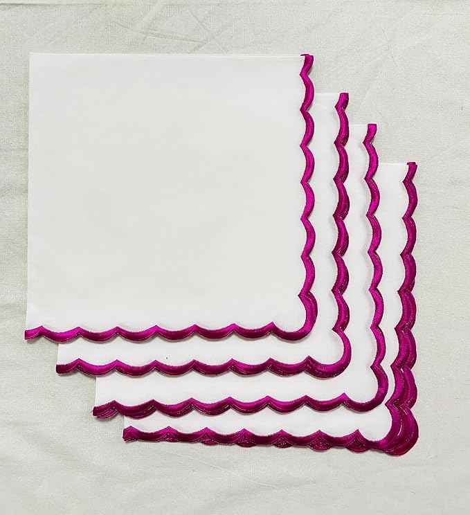 Ridhi Cloth Napkins 100% Pure Cotton Farmhouse Wedding Dinner Napkins Gift for Spring, Easter, Valentine, Holiday, Everyday Napkin (4-18" x 18" White with Pink Edge)