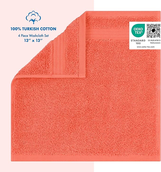 Cotton Paradise 100% Cotton Turkish Washcloth Set for Bathroom, 4 Piece Soft Absorbent Small Towels Wash Rags, Coral