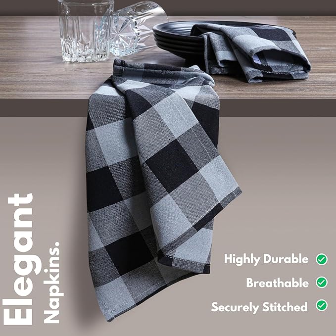 Native Fab Buffalo Check Set of 4 Cloth Dinner Napkins 16x16 inches Soft, Absorbent, Cotton Napkins - Reusable Everyday Use Fabric Napkins - Black and Grey