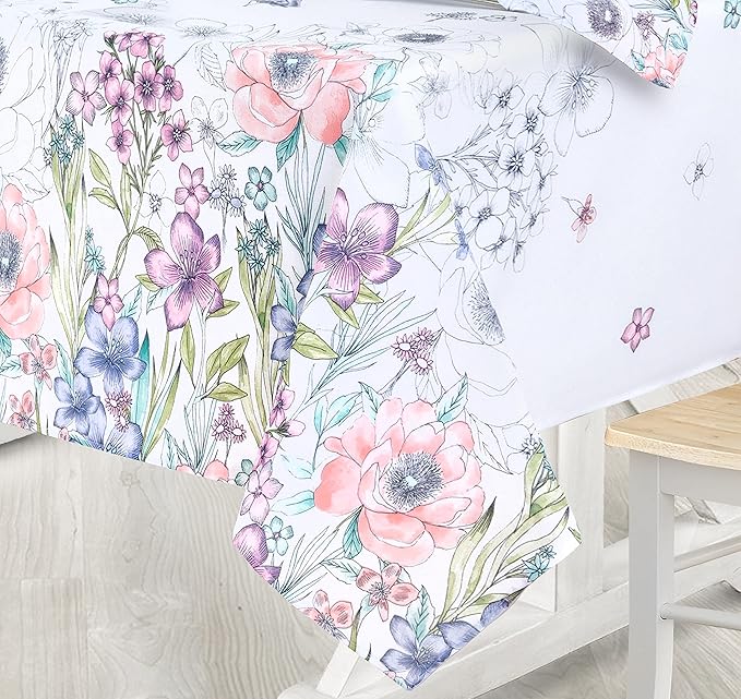 Newbridge Garden Breeze Rectangle Fabric Tablecloth, 60 x 84 Inch, Easy Care and Stain Resistant Fabric Table Cloth for Holiday Party Dining, Sweet Pastel Floral