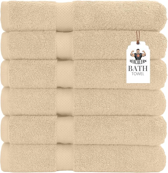 HERCULEAN Premium Bath Towels 24 x 48 Pack of 6 | Quick Dry and Highly Absorbent | 100% Cotton Terry Towels for Bathroom - Perfect for Shower - Pool and Spa - Luxury Soft Towels - Beige