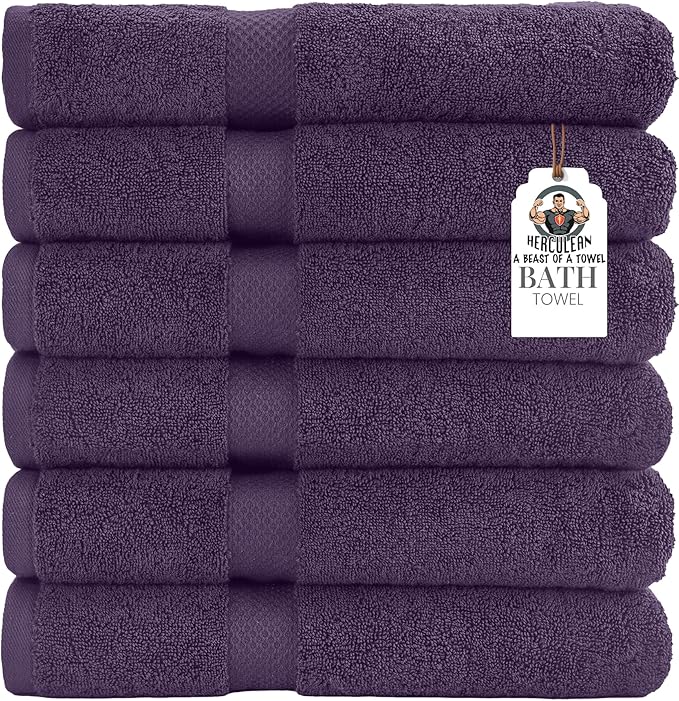 HERCULEAN Premium Bath Towels 24 x 48 Pack of 6 | Quick Dry and Highly Absorbent | 100% Cotton Terry Towels for Bathroom - Perfect for Shower - Pool and Spa - Luxury Soft Towels - Plum