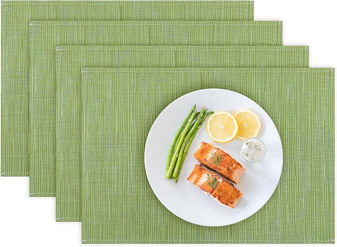 Bloss Placemats Set of 4, Linen Woven Place Mats for Kitchen Table Indoor/Outdoor, 12" x 18" Washable Placemat Dining Table Mats - Green for St Patricks Say