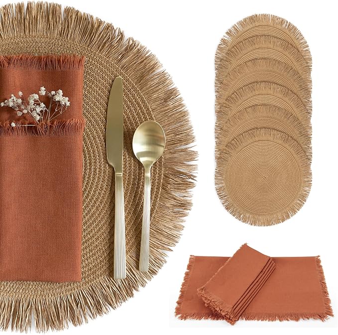 Decorative Boho Table Placemats Set of 6 with Matching Linen-Textured Napkins - Beautiful Natural Decor Elevates Your Dining Room or Kitchen Setting - Easy to Style & Mix with Linen Inspired Material