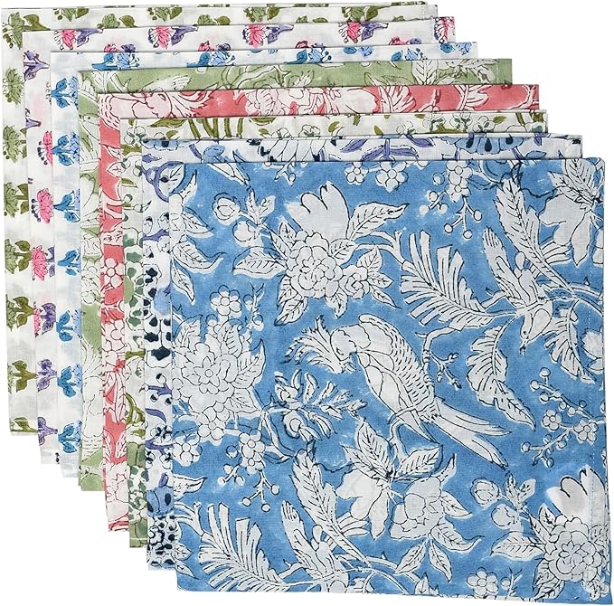 CPC Mix Indian Block Print Cotton Cloth Napkins Set of 4, 18x18 Reusable Everyday Napkins, Soft, Absorbent, Floral Dinner Napkin, Holiday, Party Gift, Spring,Mother's Day